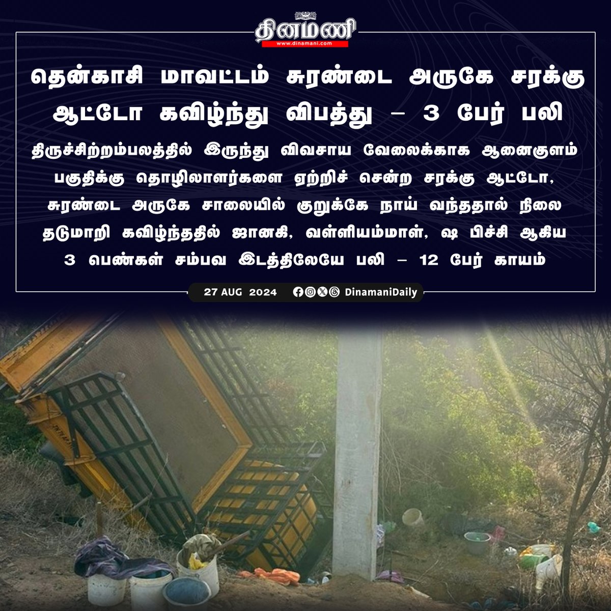 DinamaniDaily's tweet photo. #Dinamani | தென்காசி மாவட்டம் சுரண்டை அருகே சரக்கு ஆட்டோ கவிழ்ந்து விபத்து - 3 பேர் பலி!
#Tenkasi #Surandai #LoadAuto #Accident https://t.co/vyhATckFxS