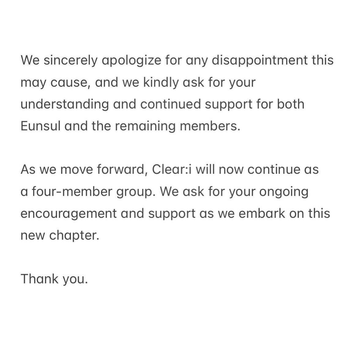 Cleari_official's tweet photo. 안녕하세요, 클리어리 (Clear:i)입니다.

먼저 클리어리(Clear:i)에게 많은 응원과 사랑을 보내주시는 팬 여러분께 갑작스러운 소식을 전하게 되어 죄송하다는 말씀드리고 싶습니다.
그동안 클리어리(Clear:i) 멤버로써 함께 고생해 준 멤버 은설이 팀을 탈퇴하게 되었습니다. https://t.co/mOeu73p1zE