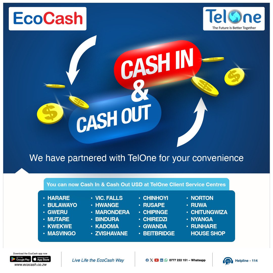 Exciting News!! 
We have partnered with EcoCash for your convenience. You can now Cash In and Cash Out USD at TelOne Client Service Centres across the country
#TheFutureIsBetterTogether