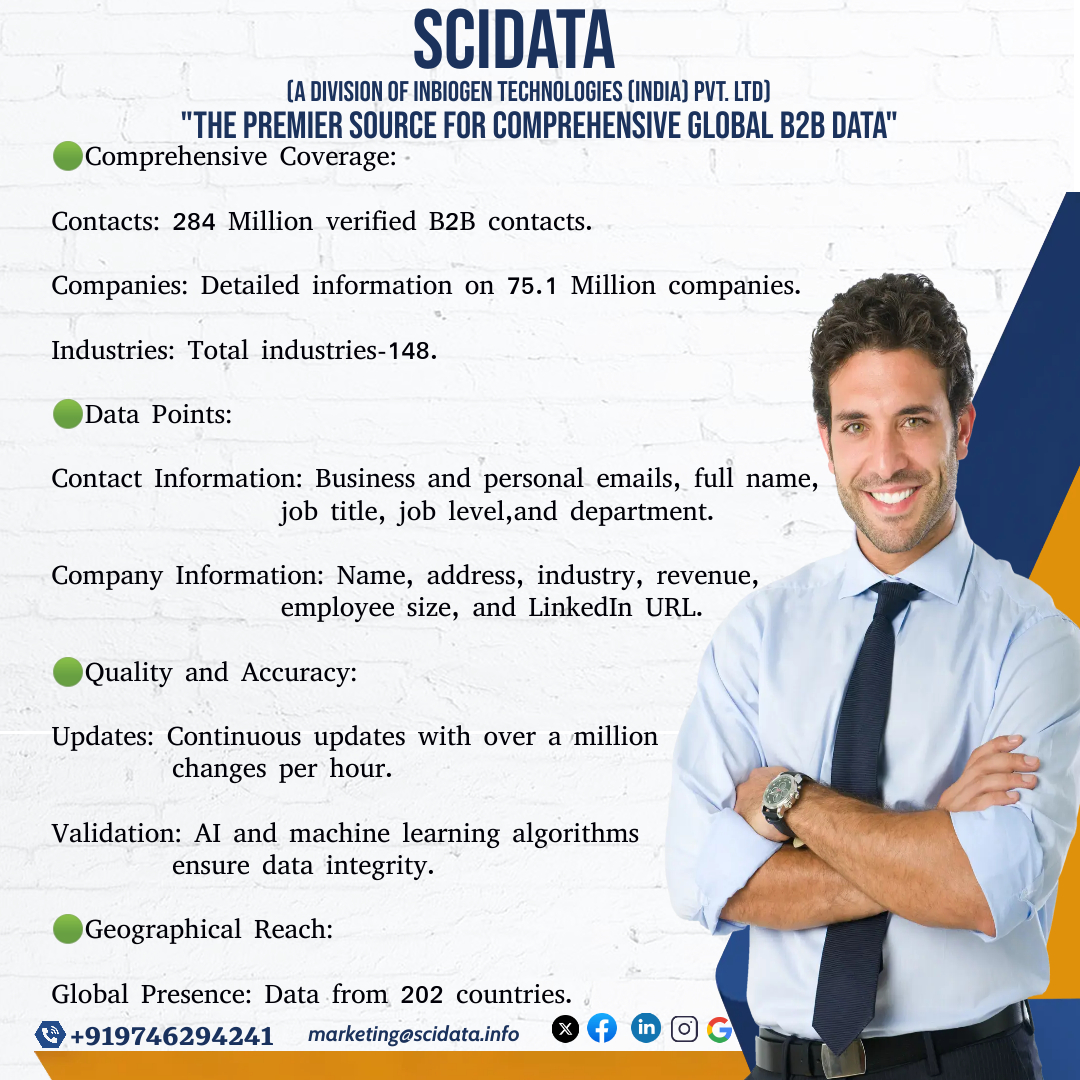 Maximize your B2B outreach with precision-targeted databases. Connect with key decision-makers, enhance your campaigns, and drive sustainable growth. Let's elevate your marketing strategy together! #B2BMarketing #DataDriven #LeadGeneration