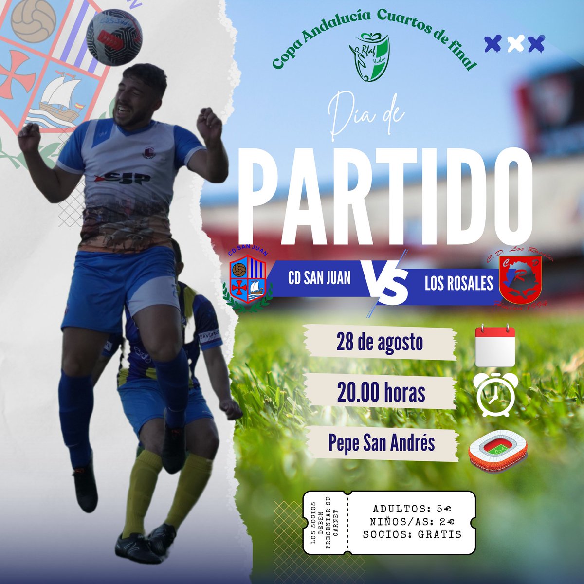 CD_SanJuan's tweet photo. 🚨 ¡Atención!🚨

📅 28 de agosto
⏰ 20:00 horas
📍 CD San Juan-CD Los Rosales  
🏟 Pepe San Andres

⚽ Ida Cuartos de final de Copa. ⚽

💳 IMPORTANTE:
¡Socios deben presentar su carnet!

🎟 Entradas:  
- Adultos: 5€
- Niños/as: 2€  
- Socios: GRATIS

¡No falten! https://t.co/ohTH2pmskV