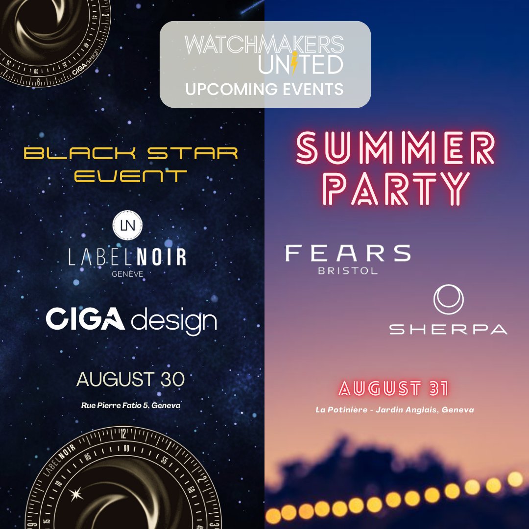 🔔 Our must-attend events during the Geneva Watch Days! 🗓

The Black Star Event is full but you can still book your place for the Summer Party!

Register here:  forms.gle/7aGFP7zeXhEQyB…

#GenevaWatchDays #WatchmakingEvents #Geneva