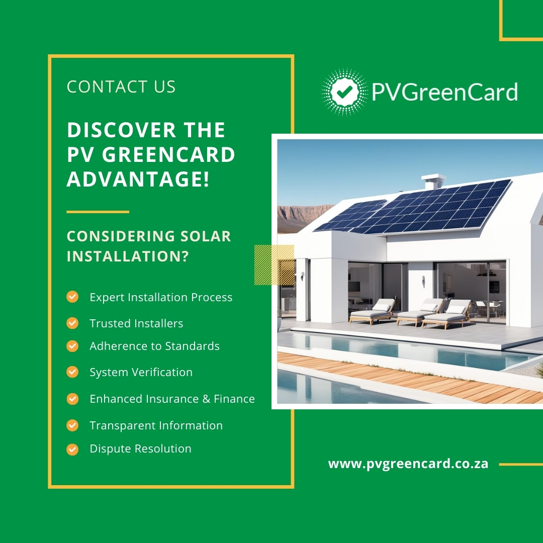 Discover the PV GreenCard Advantage!

Considering solar installation?Here’s why choosing a certified PV GreenCard installation company is your best move.

Find a certified installer &amp; learn more: pvgreencard.co.za/app/directory/

#PVGreenCard #SolarInsatallations #QualityAssurance #sapvia