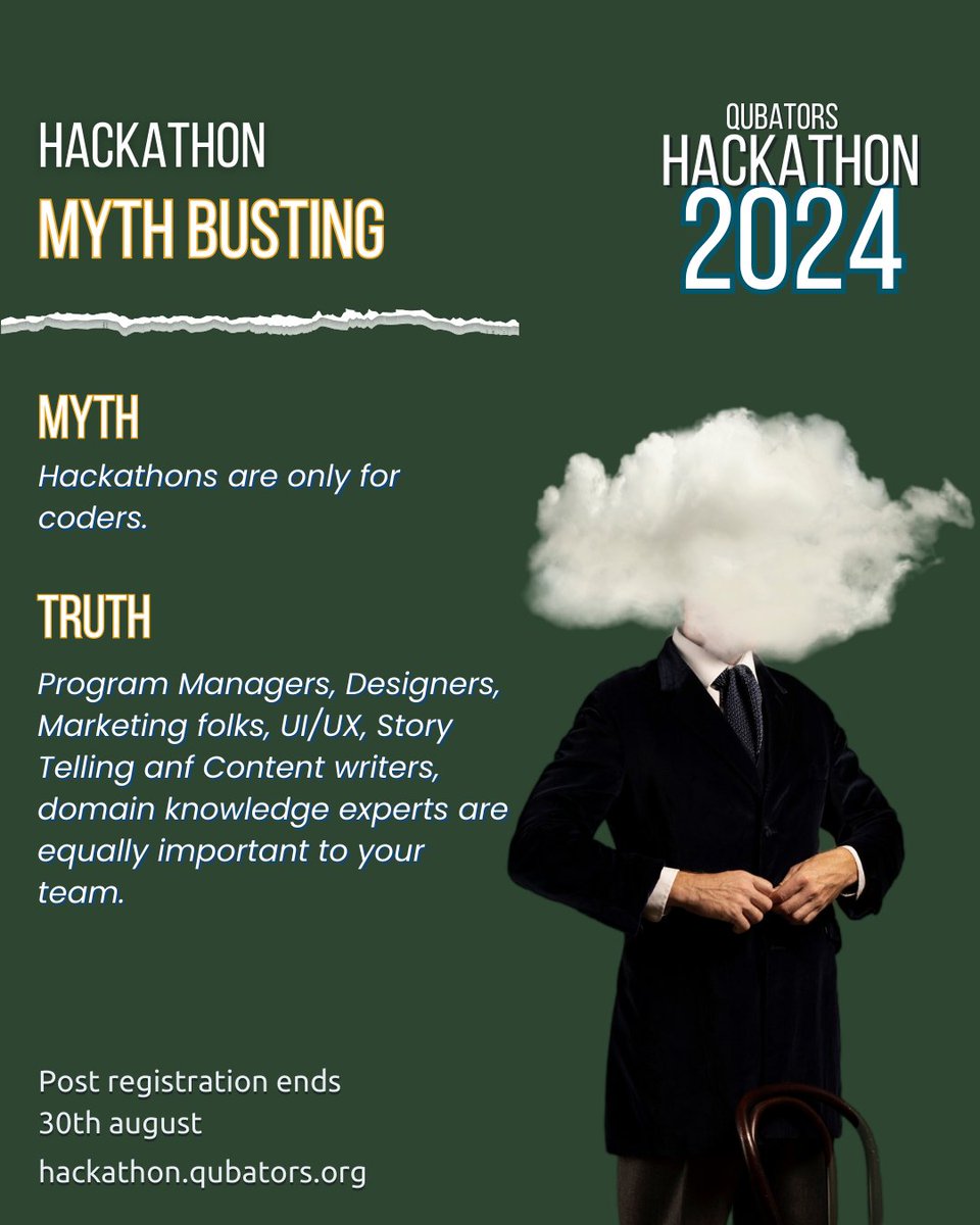 Qubatorsnet's tweet photo. Hackathon Truths:

Program Managers, Designers, Marketing folks, UI/UX, Story Telling anf Content writers, domain knowledge experts are equally important to your team. #TechforGood #HackathonLaunch #HackathonTheme https://t.co/OLQn6D5wQK