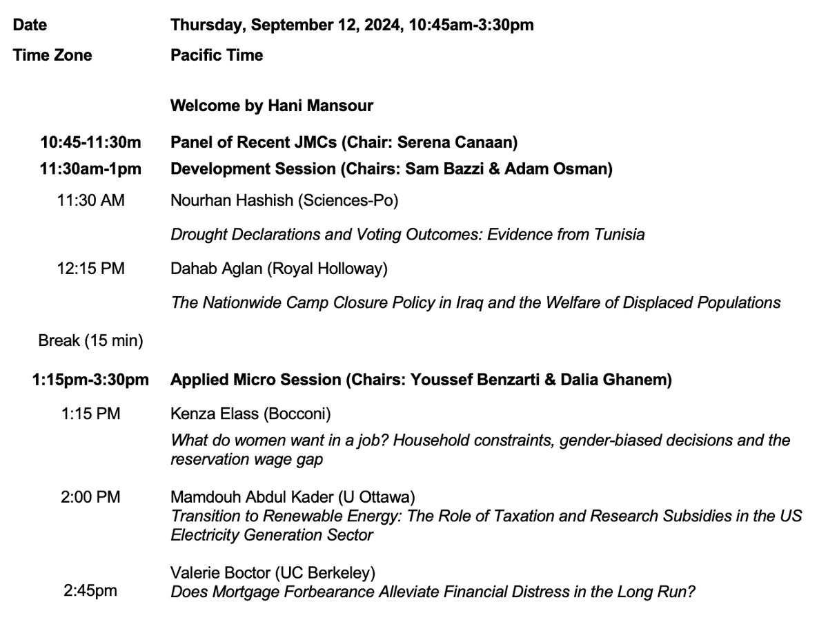 📢 The first virtual job market symposium for Arab Ph.D. students who are on the job market in 2024-2025 will take place on Thursday, September 12, 2024, from 10:45am-3:30pm PST.   Please reach out for the zoom link. Here's the agenda! #JobMarket #Webinar #AReena2024