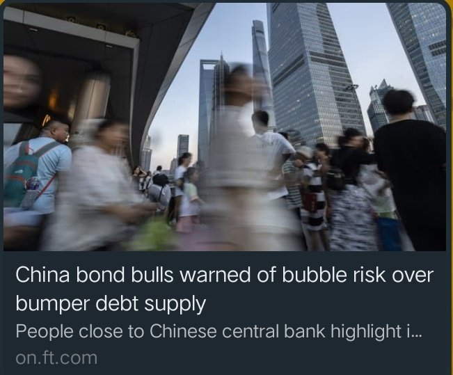 Rajnath_08's tweet photo. #China plans to issue billions of dollars of government bonds could burst a 'bubble' in the country’s #treasurymarket, people close to the central bank have warned. Months of #frenzied buying have driven up prices and pushed yields below 2.2%, leading to the high possibility of a 'significant reversal.
