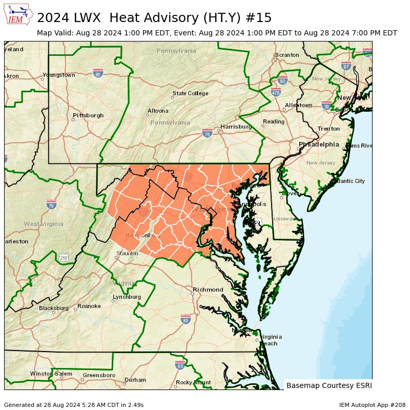 easfinesse's tweet photo. Heat Advisories have been expanded to include all of #SoMD this afternoon and evening!

Afternoon highs should easily reach the mid to upper-90s away from the Bay, with heat index values between 105-110° expected.

#MDWX #SOMD https://t.co/nuA2HrJDDv