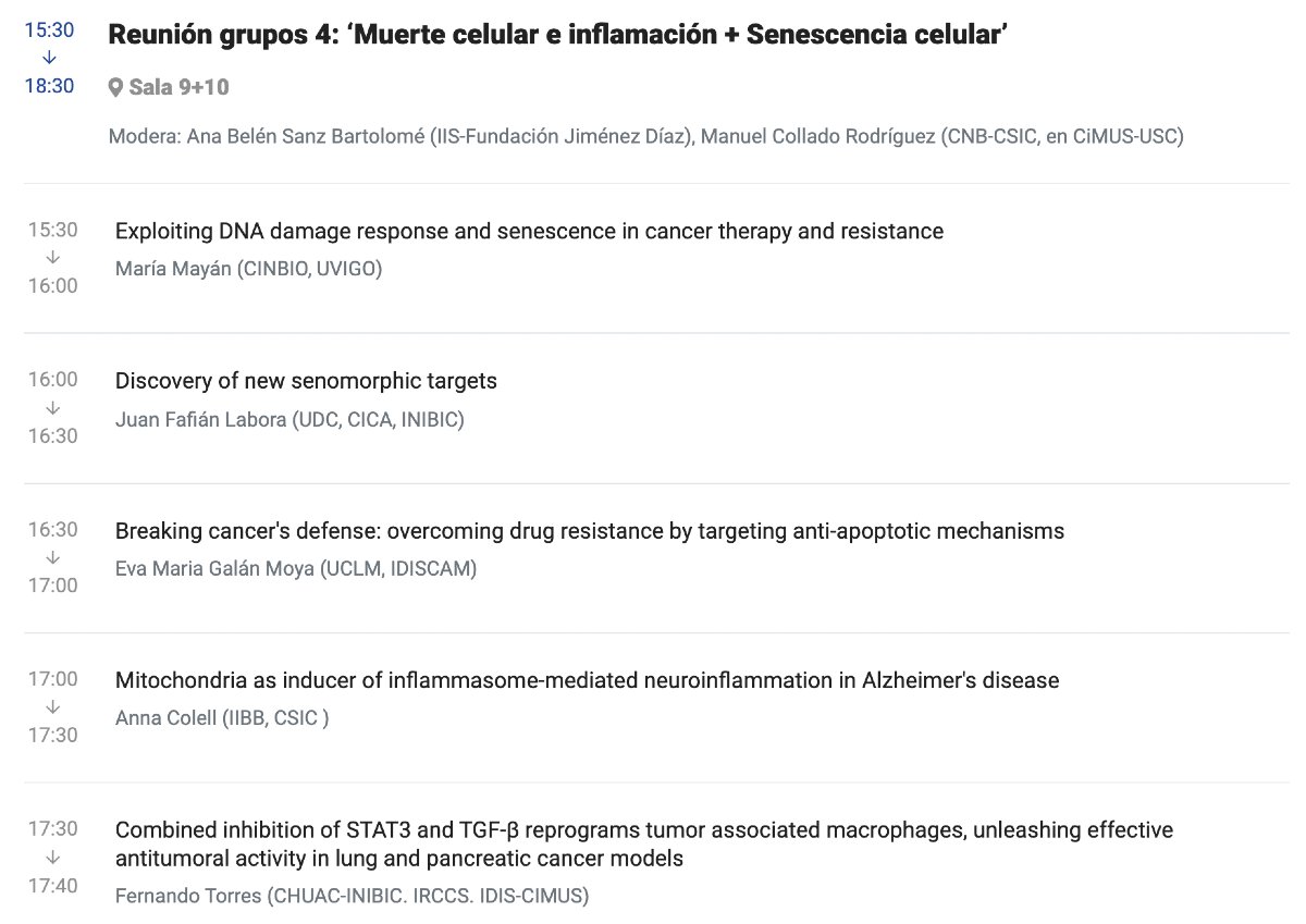 SEBBM_es's tweet photo. #reunionesdegrupo #46congresosebbm 

📢Reunión grupos: ‘Muerte celular e inflamación + Senescencia celular’
🗓️Miércoles 4 de septiembre, 15:30h
📍Sala 9+10
🗣️Ana Belén Sanz Bartolomé y Manuel Collado Rodríguez @mcollado_CHUS 

https://t.co/UH5ZgNkZh0 https://t.co/oKjpcvHaO9