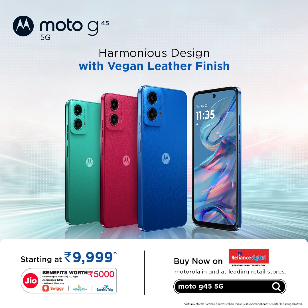motorolaindia's tweet photo. Experience the perfect blend of sleek design and comfort with the #MotoG45 5G! Featuring a metallic frame, 100% vegan leather. Available in Brilliant Blue, Brilliant Green, and Viva Magenta.🌟
Buy Now on Reliance Digital, https://t.co/azcEfy1Wlo
Starting at ₹9,999*/- #FastNWoW https://t.co/XL9ihjyPst