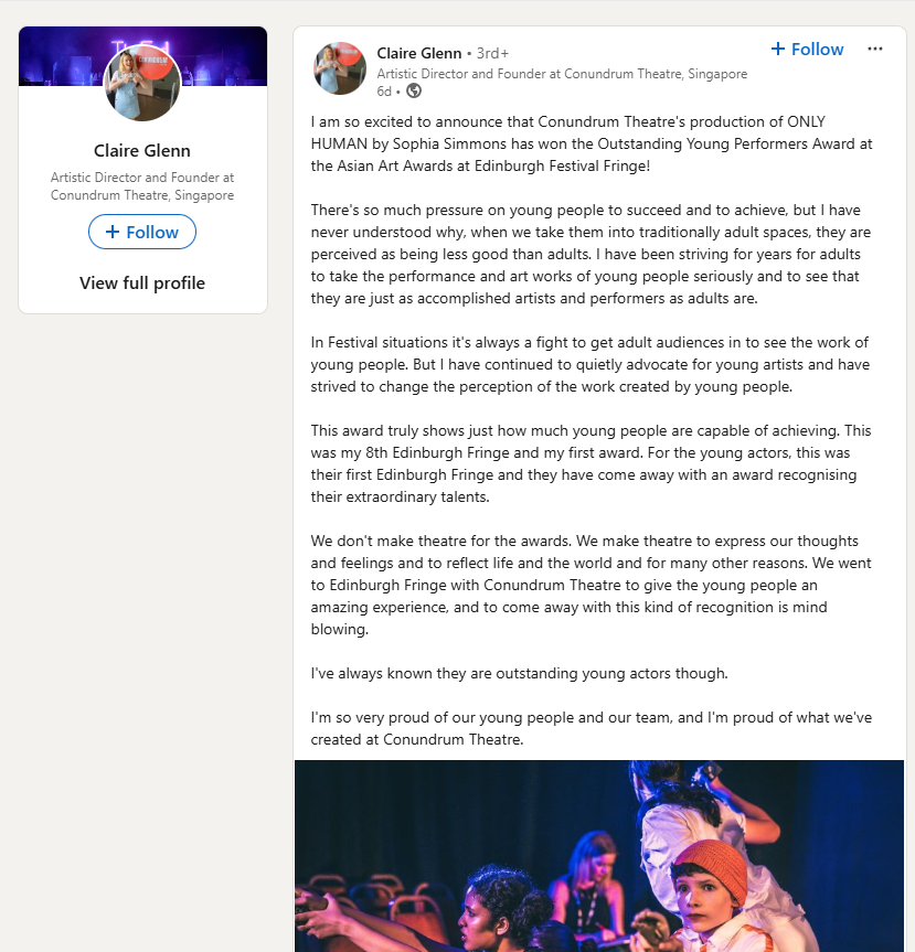 Asian Art Awards at Edinburgh Fringe (@aaaedfringe) on Twitter photo Lovely message from Claire <a href="/conundrumsg/">@conundrum.theatre.sg</a> . Makes everything we do here at AAA feel worthwhile. They're so modest about their🏆too.
linkedin.com/posts/claire-g… Lovely message from Claire <a href="/conundrumsg/">@conundrum.theatre.sg</a> . Makes everything we do here at AAA feel worthwhile. They're so modest about their🏆too.
linkedin.com/posts/claire-g…