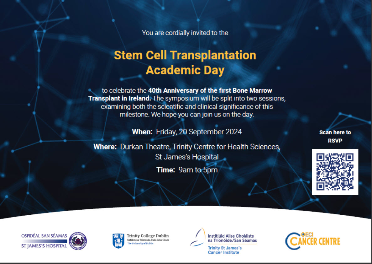 ACSLM CPD Officer: Leo Mulvany (@acslm_cpd) on Twitter photo St James's Hospital celebrates the 40th Anniversary of the Ireland’s first Allogeneic Bone Marrow Transplant on Friday 20th September 2024.
Details & Registration: bit.ly/3X0NfYB
#medicalscientists <a href="/MedLabAssoc/">MLSA</a> <a href="/WeHSCPs/">National HSCP Office, HSE</a> <a href="/ATU_GalwayCity/">ATU Galway City</a> <a href="/BioSci_MTU/">Biological Sciences - MTU</a> <a href="/TUDub_Biology/">School of Biological, Health & Sports Sciences</a> St James's Hospital celebrates the 40th Anniversary of the Ireland’s first Allogeneic Bone Marrow Transplant on Friday 20th September 2024.
Details & Registration: bit.ly/3X0NfYB
#medicalscientists <a href="/MedLabAssoc/">MLSA</a> <a href="/WeHSCPs/">National HSCP Office, HSE</a> <a href="/ATU_GalwayCity/">ATU Galway City</a> <a href="/BioSci_MTU/">Biological Sciences - MTU</a> <a href="/TUDub_Biology/">School of Biological, Health & Sports Sciences</a>