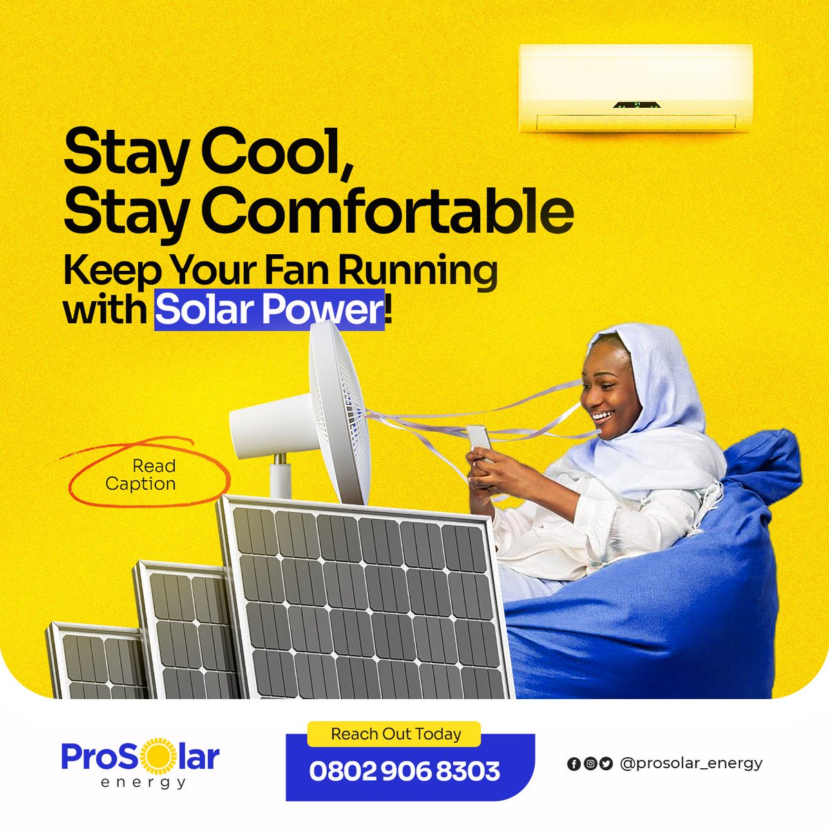 Prosolar_Energy's tweet photo. Power on, sweat off! 🌞️ Keep your comfort going with ProSolar Energy's sustainable solutions. Send us a message and let's get started! #SolarEnergy #RenewableEnergy #Sustainability #ProSolar https://t.co/oerrYwit9E