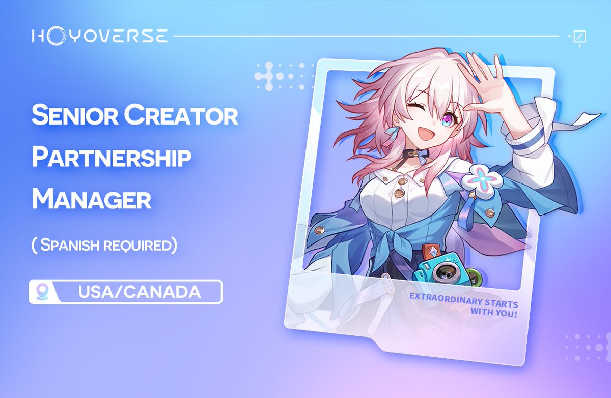 We're seeking a passionate talent manager to shape diverse creator communities, develop engaging content programs, and build immersive experiences for HoYoverse players worldwide! Must be fluent in Spanish and English.

#HoYoverse #Hiring