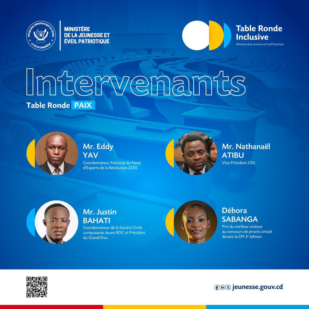 jeunesseEP_RDC's tweet photo. C’est le grand jour !
Nous y sommes, J-J pour la Table Ronde Inclusive.

Découvrez les intervenants qui porteront la voix de la jeunesse congolaise dans toute sa diversité et sa richesse. Ils viennent de divers horizons et apporteront chacun leur expertise pour contribuer à bâtir un avenir de paix et de prospérité.

- Rendez-vous aujourd’hui, 28 août 2024, à 10H pour cette rencontre décisive.

- Un live stream est disponible pour suivre l’événement en direct et ne rien manquer de cet événement riche en échanges.

Ensemble, trouvons les solutions d'aujourd'hui et de demain !

#JeunessePourLaPaix #TableRondeInclusive #GouvernementEtJeunesse