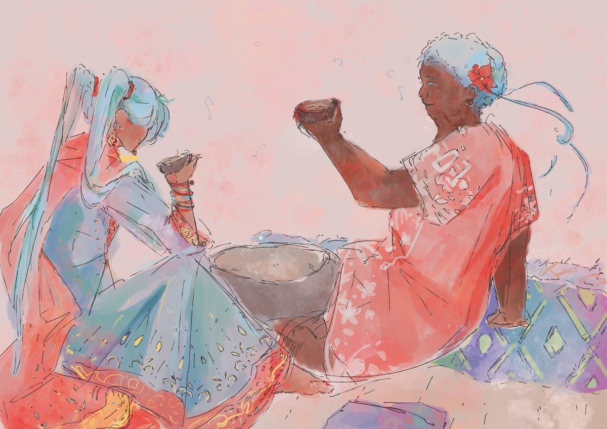 hurricanemeem's tweet photo. My older fijian miku, with a friend, because it's no fun to drink yoqona alone 🇫🇯💫 
#Miku  #初音ミク https://t.co/5hog8PtUKt