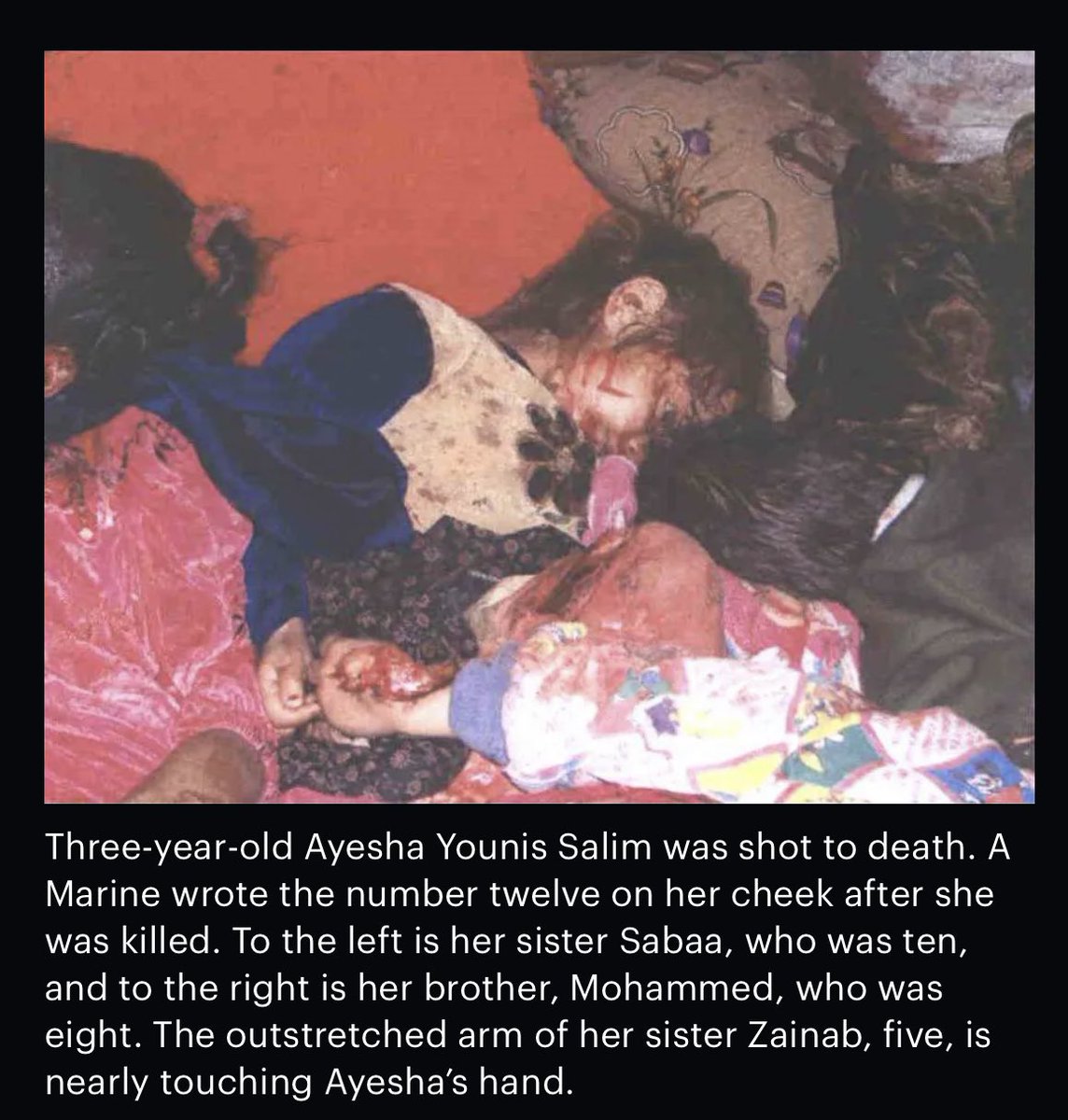 DillyHussain88's tweet photo. After 19 years, photos of the Haditha Massасre were leaked to the NYT. 

U.S. marines executed 24 Iraqi civilians, murdering entire families at point blank, including the infants.

None of the marines did jail time.

Paradise awaits the deceased while hellfire awaits the killers. https://t.co/9ohoIJh75n