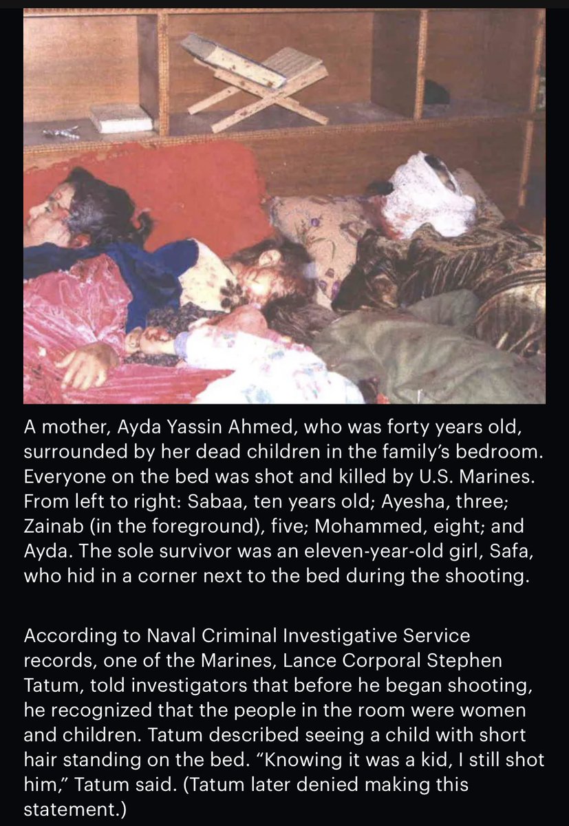 DillyHussain88's tweet photo. After 19 years, photos of the Haditha Massасre were leaked to the NYT. 

U.S. marines executed 24 Iraqi civilians, murdering entire families at point blank, including the infants.

None of the marines did jail time.

Paradise awaits the deceased while hellfire awaits the killers. https://t.co/9ohoIJh75n