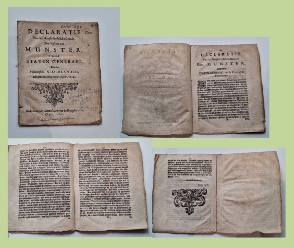 Vandaag deze dag, op 28 augustus 1672, werd Groningen ontzet. Gronings Ontzet, bij Stadjers bekend als Bommen Berend, wordt elk jaar gevierd. Bij Bijzondere Collecties hebben we prachtige items hierover:
Kaart uklu 04-08-1672
Groote victorie uklu 05-28-02
Declaratie broch 2194