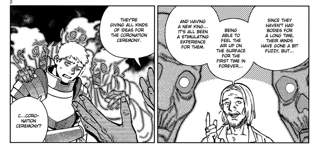 DUNGEON MESHI SPOILERS//
I think it would be so funny if post canon these ghosts just stay in the castle, habitating it, scaring the life out of people for a good giggle, giving their opinions whenever not necessary