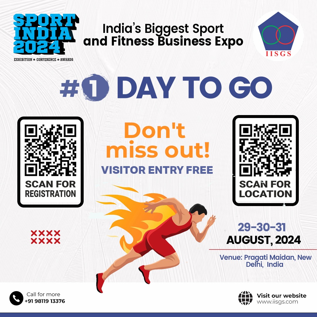 SportIndiaExpo's tweet photo. 1 𝐃𝐚𝐲 𝐭𝐨 𝐆𝐨! 🤩Hurry Up 🤩 Save The Date

Gear up for the 12th India International Sporting Exhibition at Sport India Expo 2024! 
From August 29th to 31st, witness the latest in sports innovation and excellence.
Click here for free entry passes - https://t.co/aQZucBysAU https://t.co/5dNNqhb9bq