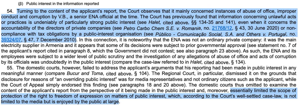 Lanceur d'alerte &amp; corruption : Subir une condamnation civile pour avoir signalé à son employeur (par message privé) la possible corruption d'un collègue viole la #CEDH.

Car le lanceur d'alerte a agi de bonne foi &amp; la sanction a un effet dissuasif.

=> bit.ly/4cCYkF7