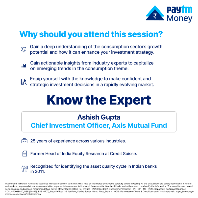 PaytmMoney's tweet photo. Join our live event with industry expert Ashish Gupta, Chief Investment Officer, @AxisMutualFund, as he shares insights into the opportunities in the #ConsumptionTheme.

🗓️ - 29th Aug, Tomorrow
⏰ - 3 PM

#LearnWithPaytmMoney #PaytmMoney #Opportunities #Investments #Insights