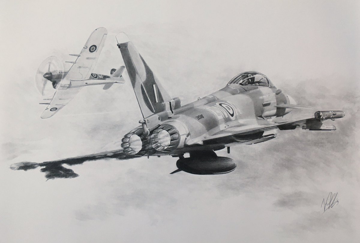 NGAutoArt's tweet photo. All things being equal (especially weather!), next Monday I’ll be at the fence of RAF Coningsby, sketching the latest @RAFTyphoonTeam jet, “Moggy”. I can’t wait. Here are a couple of my previous display jet drawings. #TyphoonDisplay #Moggy #BringTheNoise #WingsWednesday #art https://t.co/B960xkKnrA