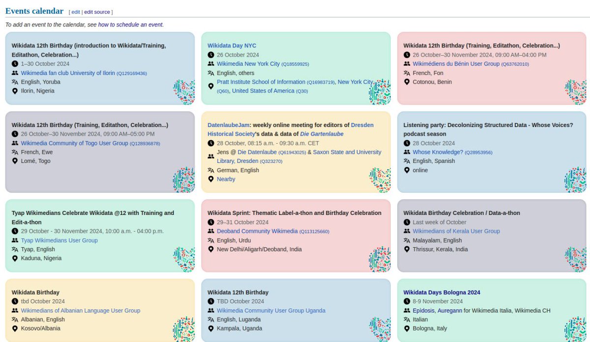 wikidata's tweet photo. 🎉 Check out the new calendar and interactive map for Wikidata birthday events! Find events near you: https://t.co/DhUHs0Hr4A
Want to organize your own? Schedule it here: https://t.co/P0ih4uwn3R
Need financial support? Apply for a microgrant by Sep 1st: https://t.co/7YphhIFzTV https://t.co/aqe5cqOLAt