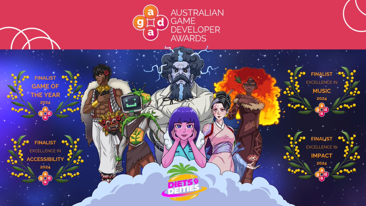 We're so excited to announce that Diets &amp; Deities is a finalist for the <a href="/The_AGDAs/">The AGDAs</a> ♥️

Thank you for supporting our journey! And a huge thank you to <a href="/igea/">IGEA</a> for believing in proudly made NT games! 🙌

#dietsanddeities #indiedev #AGDA24 #MIGW24