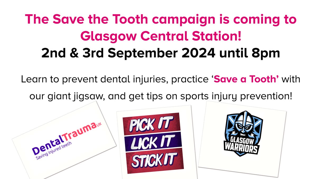GlasgowTourism's tweet image. 🦷📢 Exciting news, Glasgow! The @IFEA2024Glasgow is coming this September, and we're kicking off with an amazing event at Central Station! Join us on 2nd &amp;amp; 3rd Sept, until 8pm, for an interactive experience on dental trauma. Learn how to #SaveATooth!