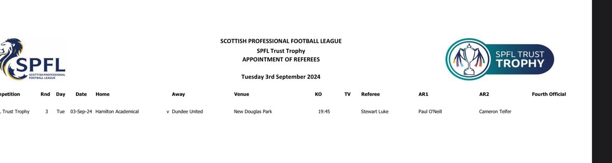 RefWatchScot's tweet image. SPFL Trust Trophy APPOINTMENT OF REFEREES
Tuesday 3rd September 2024