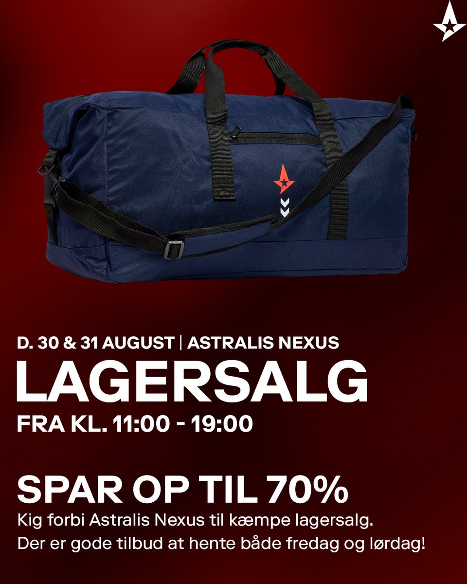 SPAR OP TIL 70% 🔥

Vi afholder lagersalg i Astralis Nexus d. 30. og 31. august. Der kommer til at være en masse billigt merch, jerseys og muligheden for at møde vores spillere om fredagen.

Læs mere om eventet: fb.me/e/5BytTmvVS