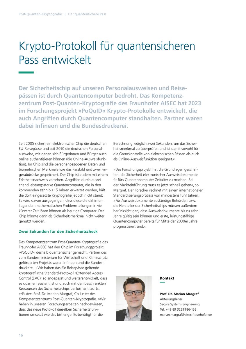 FraunhoferAISEC's tweet image. Ein Chip in unseren Reisepässen & Persos speichert sensible Daten. Quantencomputer drohen aber die Verschlüsselung dieses Chips zu knacken. Deshalb haben wir mit @Infineon & der Bundesdruckerei das EAC-Protokoll quantenresistent gemacht.
#PoQuID #PostQuantenKryptografie #PQC