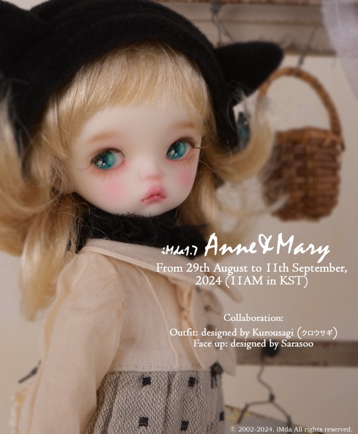 dongalim's tweet photo. こんにちは、Jinです。いつもお世話になっております。 iMda1.7 Anne&Maryのリリースのお知らせをお伝えします！ ٜ ྀི ͚ɞ̴̶̷ ·̮ ɞ̴̶̷ ͚ ྀིᡘ݂❤︎

🍁注文期間: :2024年08月29日から9月11日まで(午前11時オープン)
🌰フェイスアップ:Sarasoo様のデザイン
📷アウトフィット（数量限定）: kurousagi (クロウサギ)様のデザイン 

より多くの写真と情報は、まもなくサイトにアップロードします。 今回もよろしくお願いします🙇🙏

そして明日（8月29日）がiMda4.3 Devaの最後の注文日ですのでご参考願います。 どうぞよろしくお願いします。

————————————————

안녕하세요? 임다돌입니다. 한풀 꺾인 더위에 Anne과 Mary가 예쁜 옷을 입고 찾아왔습니다. iMda1.7 Anne&Mary의 출시 소식 전해드립니다! ٜ ྀི ͚ɞ̴̶̷ ·̮ ɞ̴̶̷ ͚ ྀིᡘ݂❤︎

🍁선주문 기간: 2024년 08월 29일부터 9월 11일까지 (한국시간 오전11시 오픈)
🌰메이크업: Sarasoo 디자인
📷의상세트(수량한정): Kurousagi 디자인

더 많은 사진과 정보는 곧 사이트에 업로드 하겠습니다. 이번에도 잘 부탁드립니다. 

내일(8월 29일)까지 iMda4.3 Deva의 마지막 선주문일이니, 혹시 고민 중이시라면 놓치지마세요! 감사합니다🥰

————————————————

English: https://t.co/CKLAGK4Z4k
日本語: https://t.co/U3l2b4RG6W
한국어: https://t.co/P6c7iUgneY
中文: https://t.co/fw51rVjppH

#imda #imdadoll
