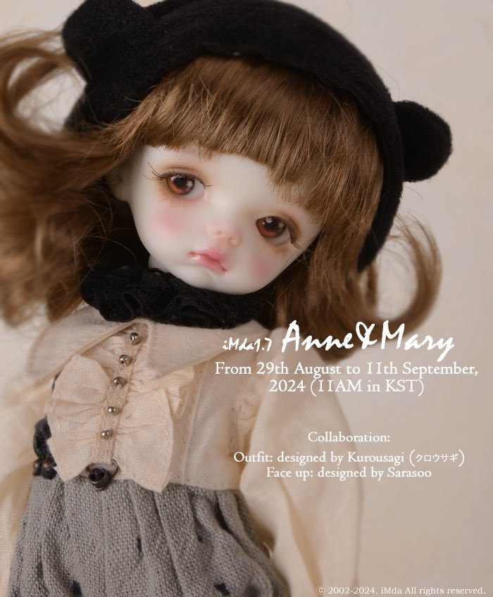 dongalim's tweet photo. こんにちは、Jinです。いつもお世話になっております。 iMda1.7 Anne&Maryのリリースのお知らせをお伝えします！ ٜ ྀི ͚ɞ̴̶̷ ·̮ ɞ̴̶̷ ͚ ྀིᡘ݂❤︎

🍁注文期間: :2024年08月29日から9月11日まで(午前11時オープン)
🌰フェイスアップ:Sarasoo様のデザイン
📷アウトフィット（数量限定）: kurousagi (クロウサギ)様のデザイン 

より多くの写真と情報は、まもなくサイトにアップロードします。 今回もよろしくお願いします🙇🙏

そして明日（8月29日）がiMda4.3 Devaの最後の注文日ですのでご参考願います。 どうぞよろしくお願いします。

————————————————

안녕하세요? 임다돌입니다. 한풀 꺾인 더위에 Anne과 Mary가 예쁜 옷을 입고 찾아왔습니다. iMda1.7 Anne&Mary의 출시 소식 전해드립니다! ٜ ྀི ͚ɞ̴̶̷ ·̮ ɞ̴̶̷ ͚ ྀིᡘ݂❤︎

🍁선주문 기간: 2024년 08월 29일부터 9월 11일까지 (한국시간 오전11시 오픈)
🌰메이크업: Sarasoo 디자인
📷의상세트(수량한정): Kurousagi 디자인

더 많은 사진과 정보는 곧 사이트에 업로드 하겠습니다. 이번에도 잘 부탁드립니다. 

내일(8월 29일)까지 iMda4.3 Deva의 마지막 선주문일이니, 혹시 고민 중이시라면 놓치지마세요! 감사합니다🥰

————————————————

English: https://t.co/CKLAGK4Z4k
日本語: https://t.co/U3l2b4RG6W
한국어: https://t.co/P6c7iUgneY
中文: https://t.co/fw51rVjppH

#imda #imdadoll