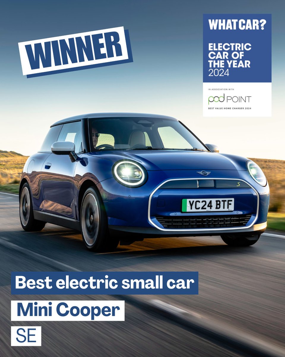 Our first award is for the best electric small car. Our winner comes packed with personality, is fun to drive and has slow predicted depreciation.

It’s the <a href="/MINIUK/">MINI UK</a> Cooper! 🎉🎊

#WhatCarAwards #ElectricCarAwards