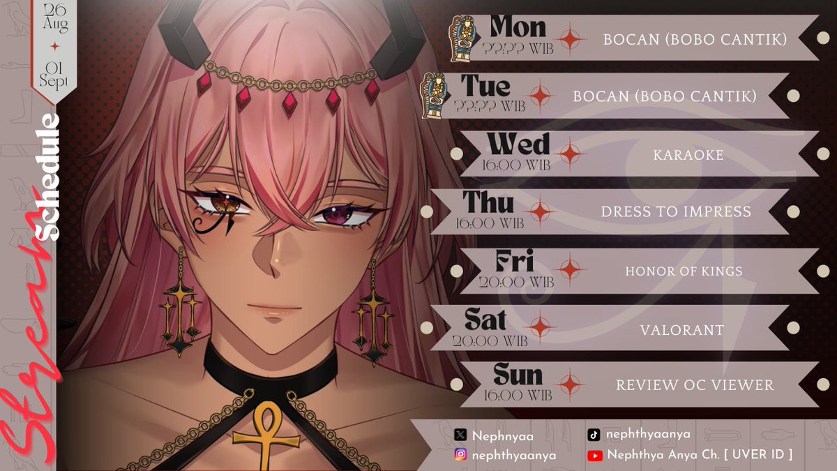 Nephnyaa's tweet photo. ☥Weekly Schedule☥
Hewwoo Nephthyan!
Maaf telat, berikut jadwal dari tanggal 28 Aug-01 Sept 2024. Jadwal bisa berubah sewaktu-waktu ya✨
【Hashtag】
General : #Nephnya
Live : #Neponair
FanArt : #Anyart
Meme : #Nepfool
Clip : #Nepclip
NSFW : #Anyabe https://t.co/A9PdjeqbJS