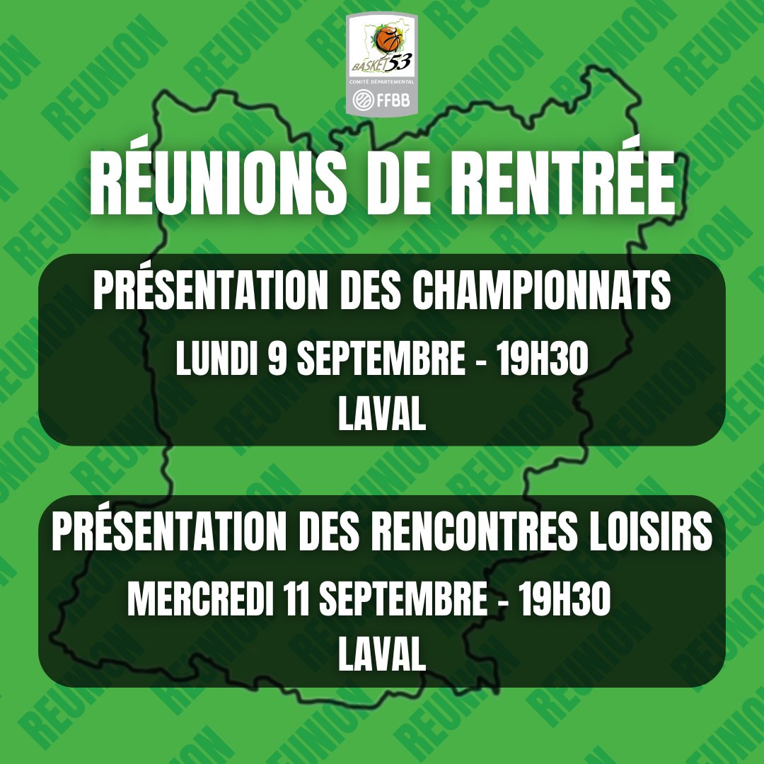 L'heure de la reprise a sonné !🥳

Les championnats jeunes et séniors reprendront à partir du 21 septembre !

On vous donne donc rendez-vous le lundi 9 et le mercredi 11 septembre à 19h30 à Laval pour les réunions de présentation des championnats de la saison 2024 -2025.