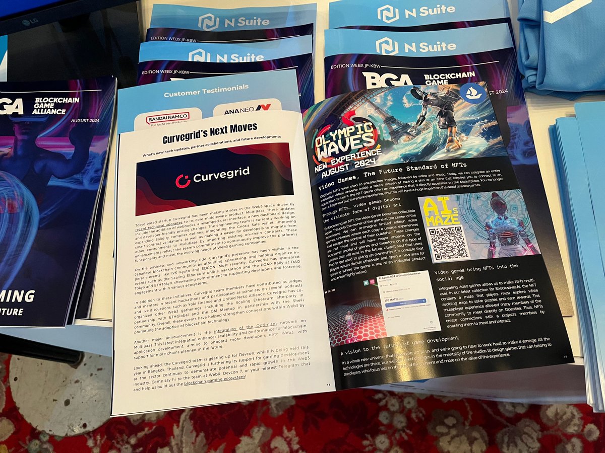 curvegridinc's tweet image. Attending @WebX_Asia? Visit the @nsuite_en booth near the pitch stage to get the latest scoop from @BGameAlliance, #Web3&apos;s premier consortium for blockchain gaming. 🎮

Grab your copy of #BGA magazine to stay ahead of industry trends and catch up on all we’ve been working on. 📰