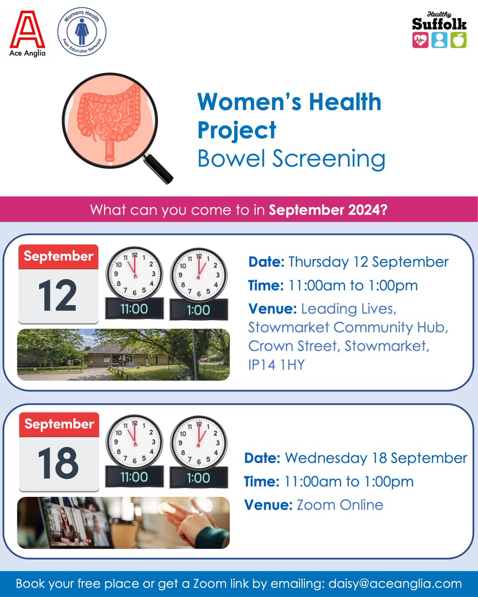 Ace Anglia (@aceanglia) on Twitter photo Join us at the FREE Women’s Health Workshop about bowel screening in September, designed for women with a learning disability and autistic women.
Contact daisy@aceanglia.com to sign up.
Click below for more information
aceanglia.com/events/ Join us at the FREE Women’s Health Workshop about bowel screening in September, designed for women with a learning disability and autistic women.
Contact daisy@aceanglia.com to sign up.
Click below for more information
aceanglia.com/events/