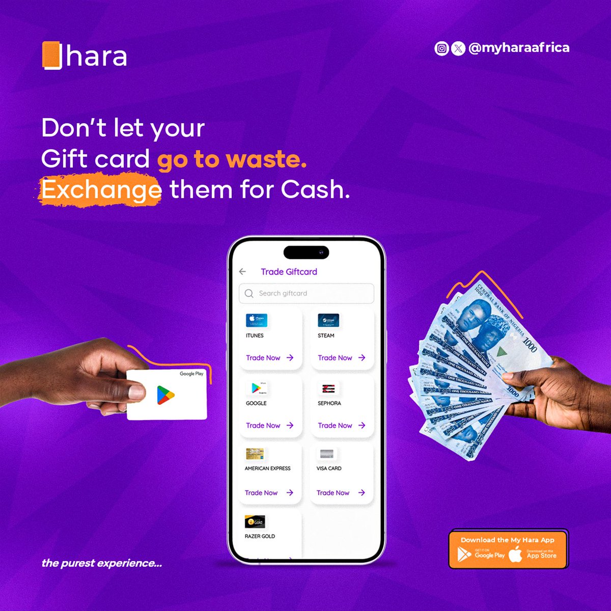 myharaafrica's tweet image. Your gift cards deserve better than a dusty drawer.
Turn them into instant cash with Hara! 💸

Don’t wait—start trading today and watch your balance grow.

#HaraExchange #CashInHand #GiftCardSwap #SmartTrading #InstantCash #Giftcard #Hara