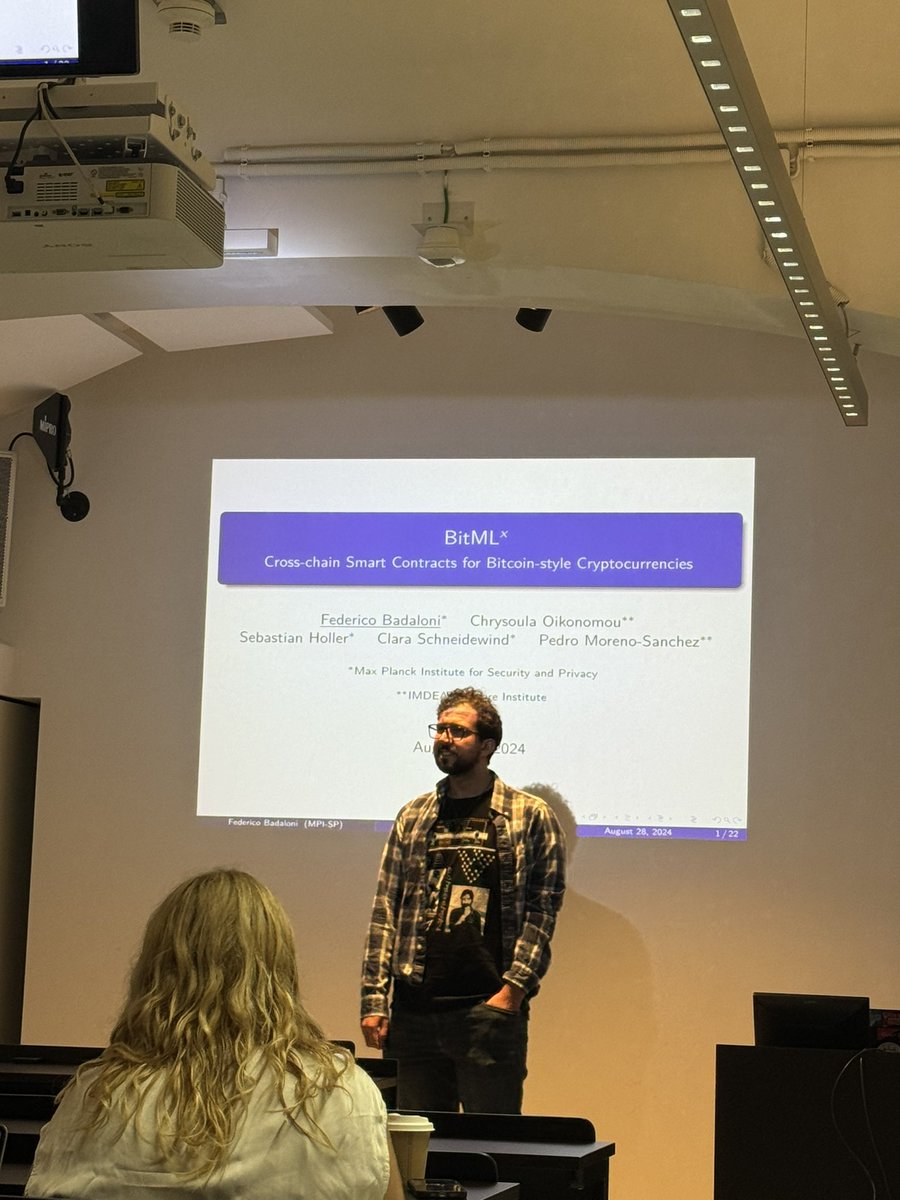 S&P TU Wien (@secprivtuwien) on Twitter photo Great to have Federico Badaloni from <a href="/maxplanckpress/">Max Planck Society</a> for Security and Privacy visiting us and talking about cross-chain smart contracts for Bitcoin-like currencies. Great to have Federico Badaloni from <a href="/maxplanckpress/">Max Planck Society</a> for Security and Privacy visiting us and talking about cross-chain smart contracts for Bitcoin-like currencies.