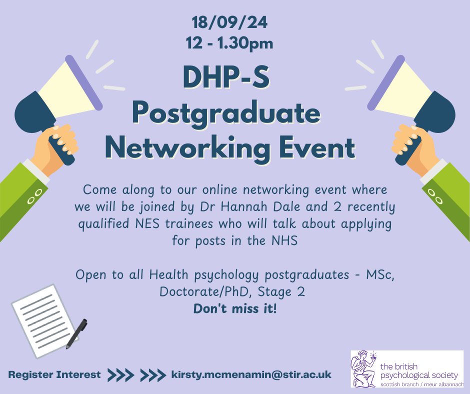 Health Psychology Scotland (@healthpsyscot) on Twitter photo Postgrads! Keen to learn more about using your Health Psychology qualifications or training to apply for posts within the NHS? Come along to our online networking event!
To register and get the meeting link, email <a href="/KirstyMcMenami8/">Kirsty McMenamin</a> on kirsty.mcmenamin@stir.ac.uk Postgrads! Keen to learn more about using your Health Psychology qualifications or training to apply for posts within the NHS? Come along to our online networking event!
To register and get the meeting link, email <a href="/KirstyMcMenami8/">Kirsty McMenamin</a> on kirsty.mcmenamin@stir.ac.uk