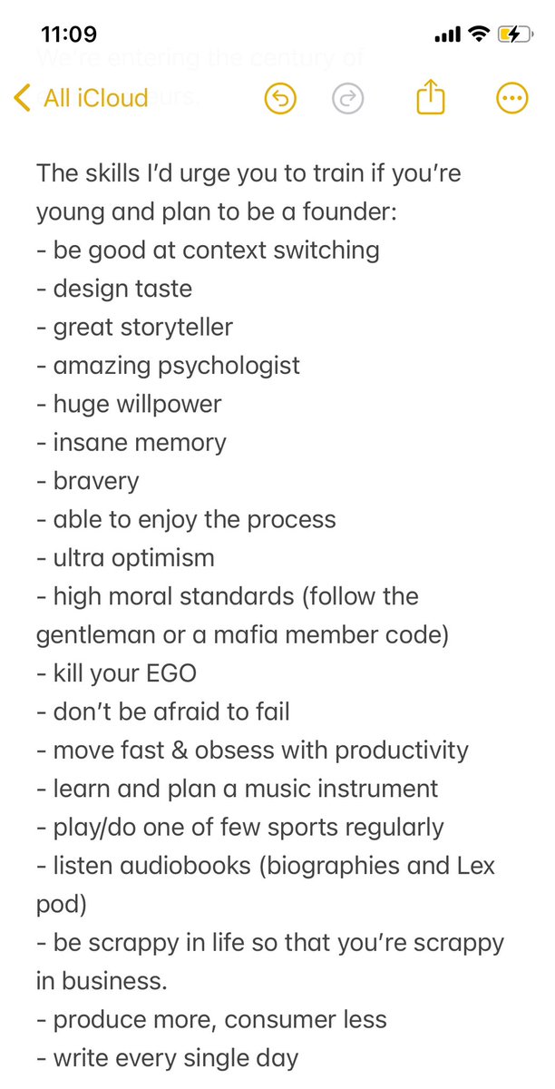 johnrushx's tweet image. The age of specialists is over.
We’re entering the century of entrepreneurs.
The skills I’d urge you to train if you’re young and plan to be a founder:
- be good at context switching
- design taste
- great storyteller
- amazing psychologist
- huge willpower
- insane memory…