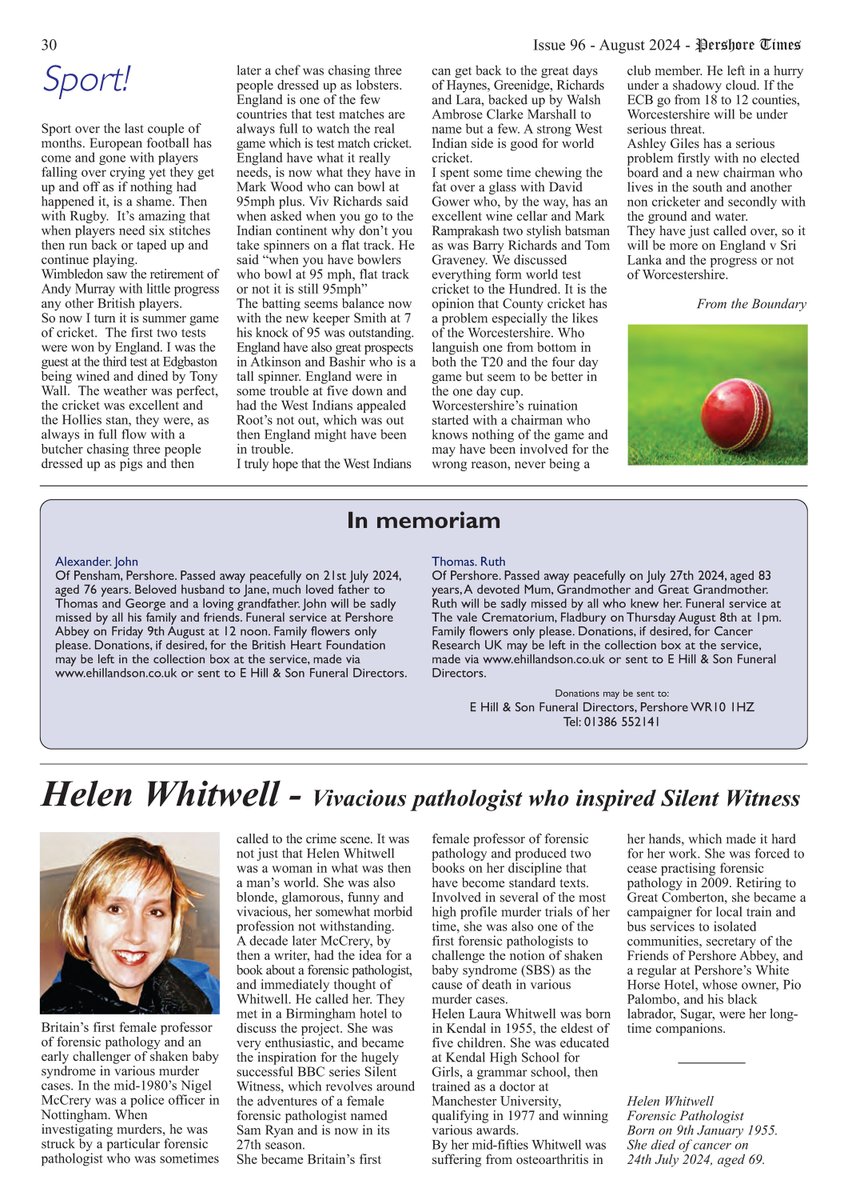 pershoretimes.com 🌐 Page 30 >>> Sporting news! 🏏 In memoriam🗞️ Helen Whitwell - Vivacious pathologist who inspired Silent Witness #PershoreTimes #pershore #worcestershire #newspaper