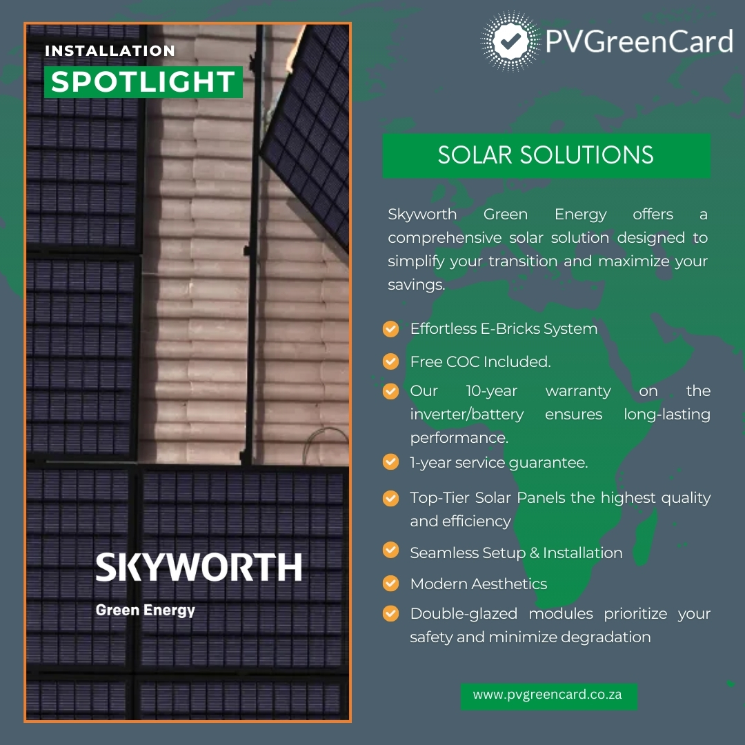 Installation Company Spotlight: @SkyworthEnergy's All-in-One Solar Solution! ☀️

For more information visit: skyworthenergy.co.za

#PVGreenCard #SolarInsatallations #QualityAssurance #sapvia