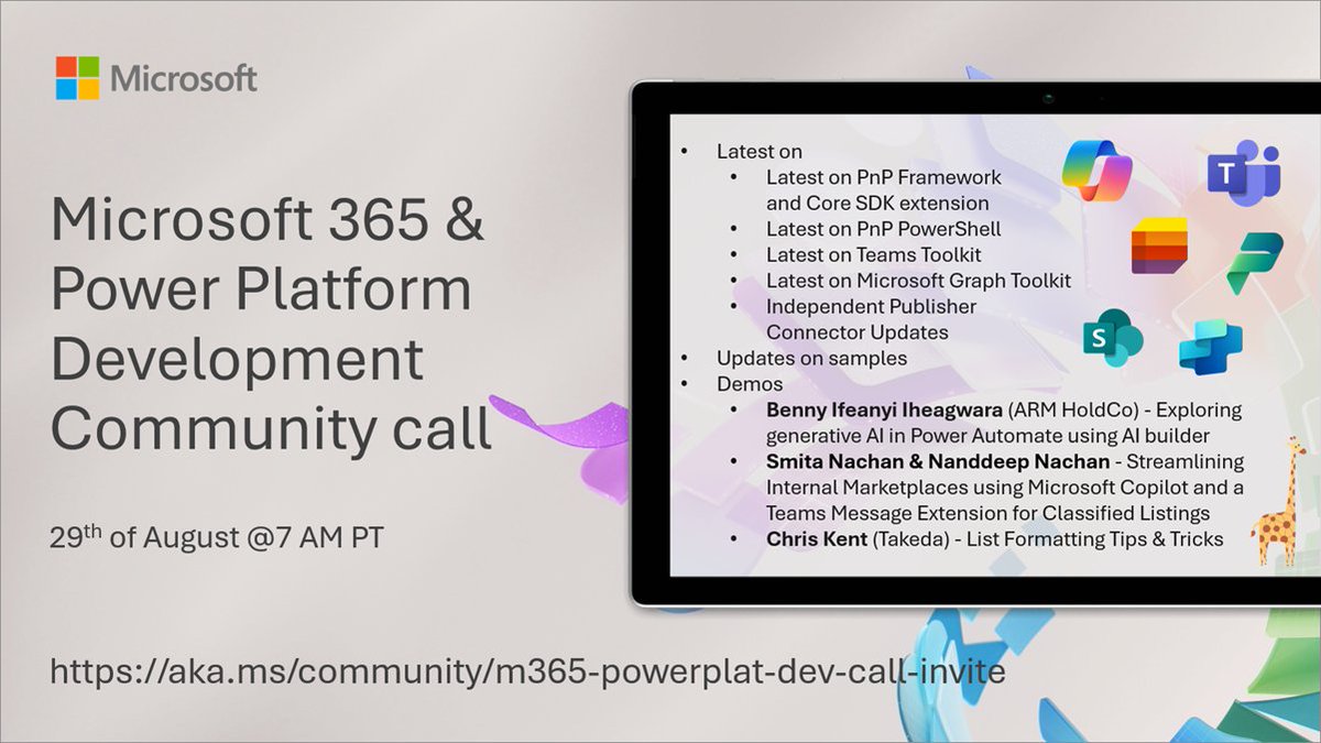 SharePoint's tweet photo. 📅 Agenda for the #Microsoft365dev &amp; #PowerPlatform call 29th of August

- Focus this time on #AIBuilder, #MicrosoftTeams &amp; #ListFormatting
- Presented by @Bennykillua, @SmitaNachan, @NanddeepNachan &amp; @theChrisKent

...and more! 🚀

👋 Join the call → https://t.co/wGMzd5HQRZ https://t.co/JkhkJVflTs