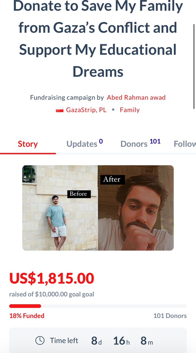 It’s Too Late ❗️❗️

The campaign is moving very slowly 😭, 8 days left until my campaign ends 💔, please help me by donating and spreading the campaign to get me and my family out of the war 😭🙏

🔗:paypal.me/AbedAwad6699?c…

🔗:gogetfunding.com/rising-from-th…