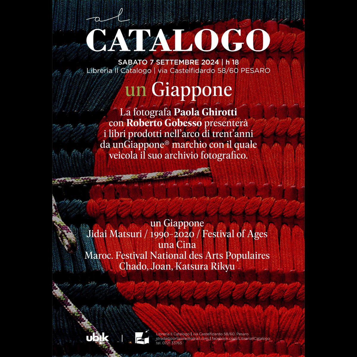 unGiappone's tweet photo. a #Pesaro presso la libreria #ILCATALOGO il 7 settembre ore 18.00, la fotografa #PaolaGhirotti con #RobertoGobesso presenteranno un #Giappone #JidaiMatsuri 
una #Cina 
#Maroc Festival National des Arts Populaires  
#Chado #Joan #KatsuraRikyu
@viverepesaro
@qn_carlino
@pesaro2024 https://t.co/Qt6WHULusR