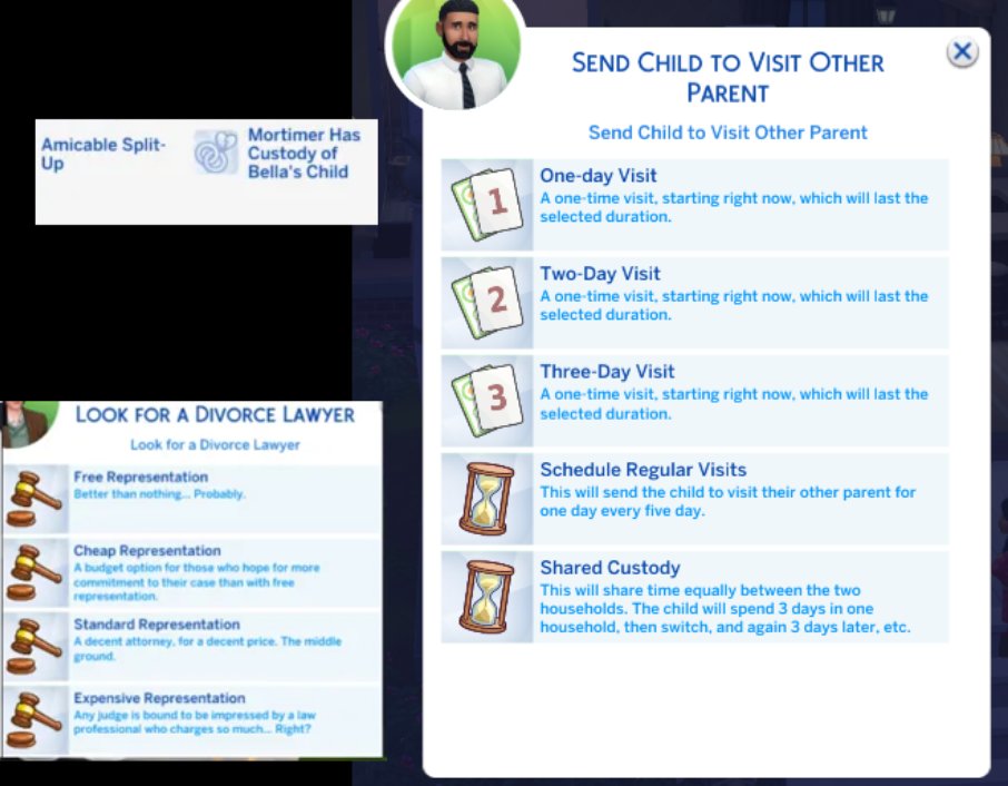 SnootysimsO's tweet image. As a part of  Woohoo Wellness Mod or RPO by @lumpinou  , Custody and Permanent Separations Mod is also UPDATED! 📷
In case you didn't know, this mod allows them to have custody and visitation approaches, support arrangements, and plenty of other shared parenting aspects for their…